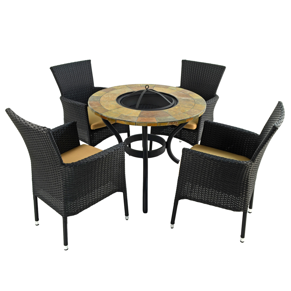 Byron Manor Bayfield Firepit Garden Patio Table with 4 Stockholm Black Chairs Set