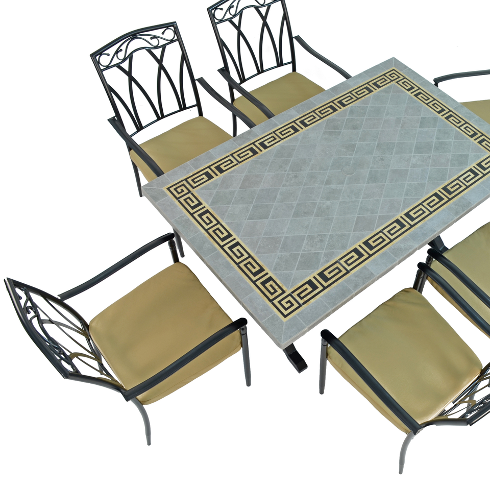 Byron Manor Burlington Mosaic Stone Garden Dining Table with 6 Ascot Chairs