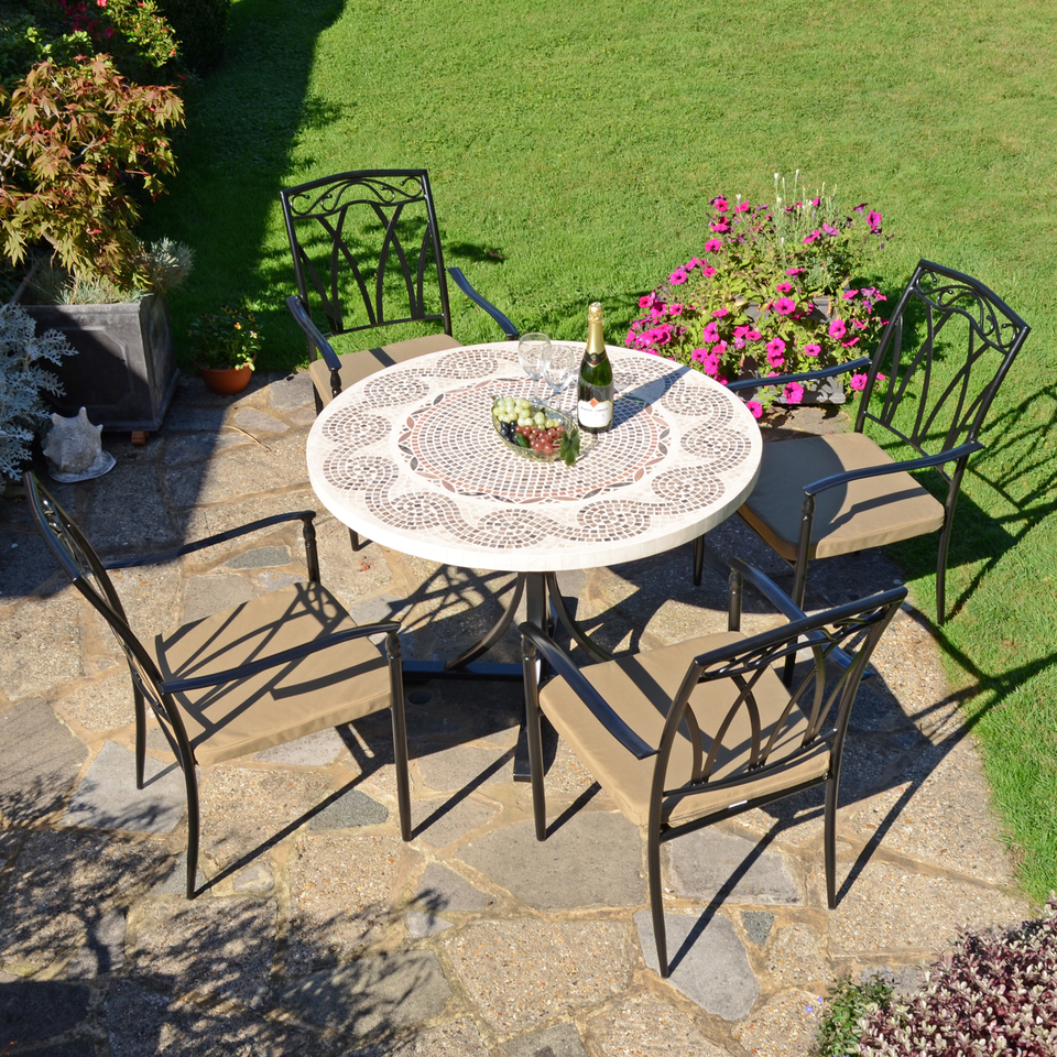 Byron Manor Avignon Stone Mosaic Garden Dining Table with 4 Ascot Chairs