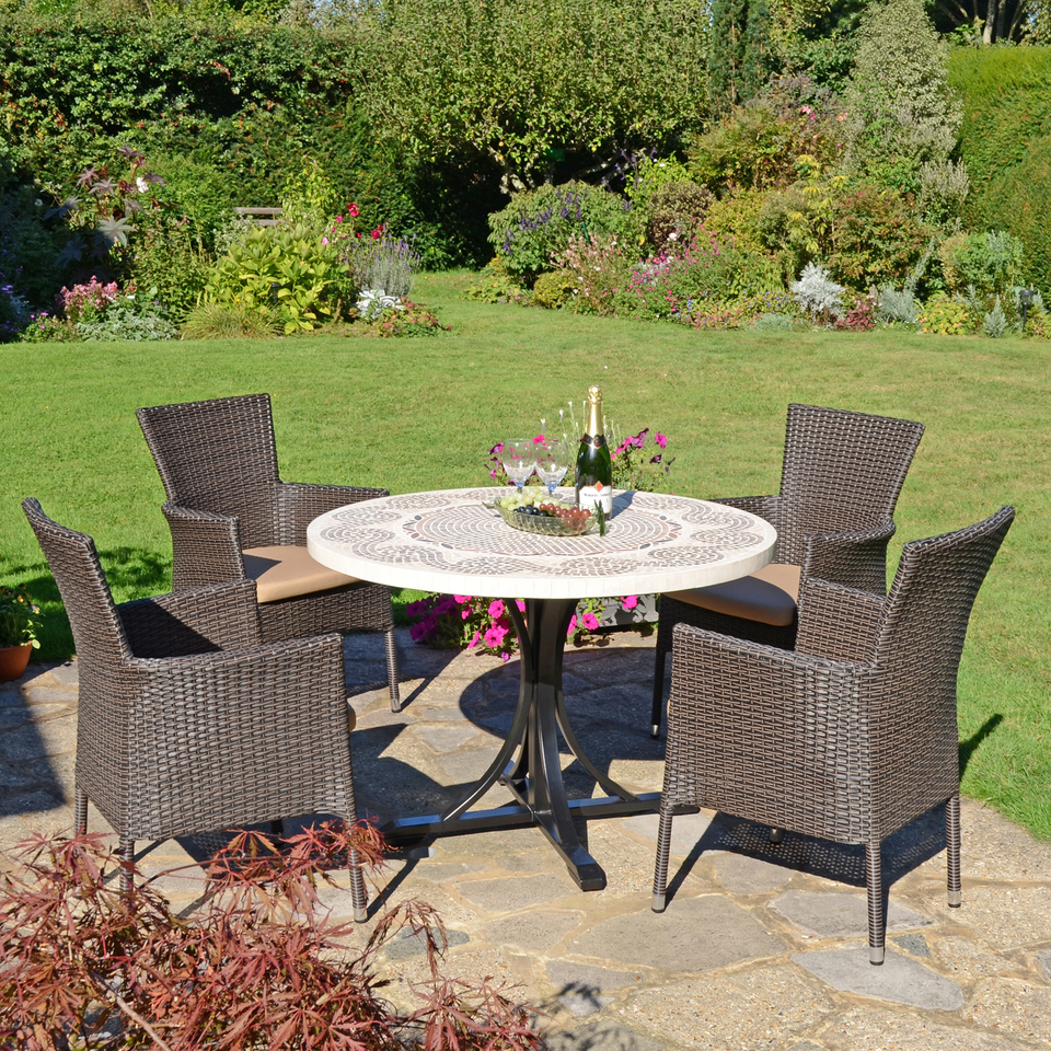 Byron Manor Avignon Mosaic Stone Garden Dining Table With 4 Stockholm Brown Chairs