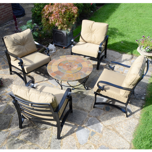 Byron Manor Bayfield Firepit Garden Coffee Table with 4 Windsor Deluxe Lounge Chair Set