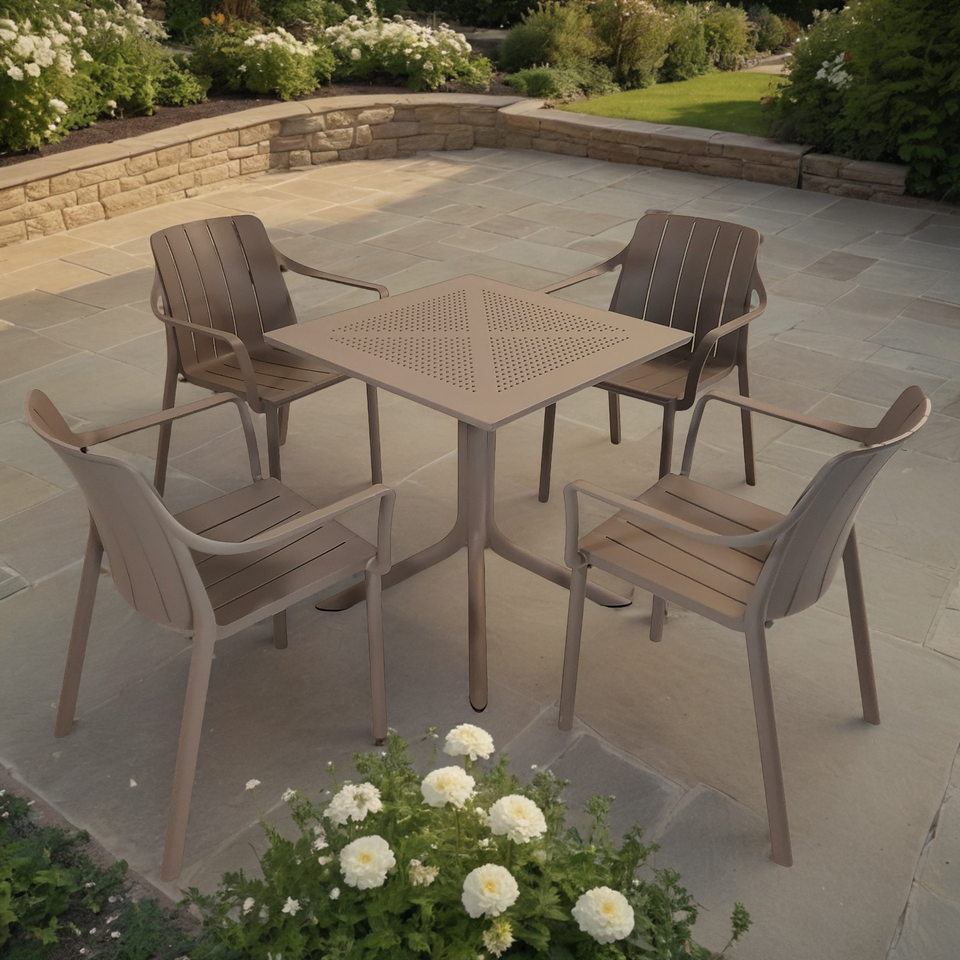 Nardi Clip 70cm Garden Table With 4 Tiberina Armchair Set in Turtle Dove