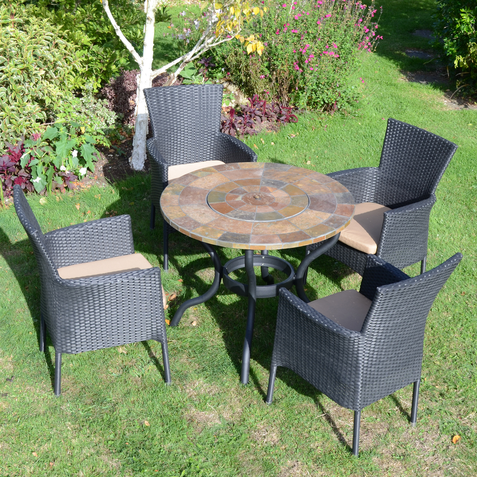 Byron Manor Bayfield Firepit Garden Patio Table with 4 Stockholm Black Chairs Set
