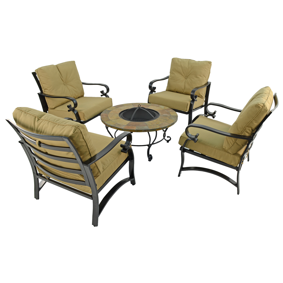 Byron Manor Bayfield Firepit Garden Coffee Table with 4 Windsor Deluxe Lounge Chair Set
