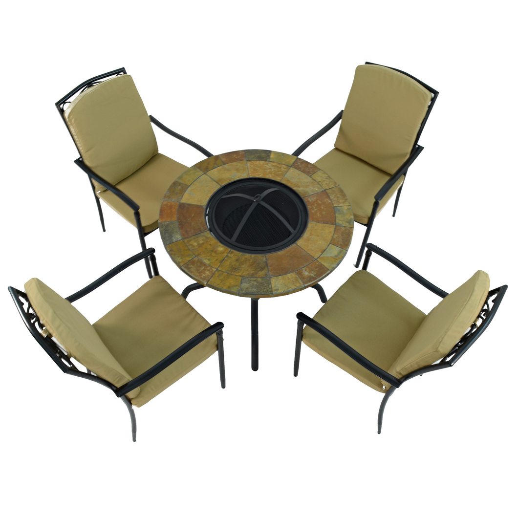 Byron Manor Bayfield Firepit Garden Patio Table with 4 Ascot Deluxe Chairs Set