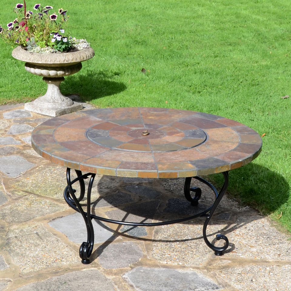 Byron Manor Bayfield Firepit Garden Coffee Table with 4 Windsor Deluxe Lounge Chair Set