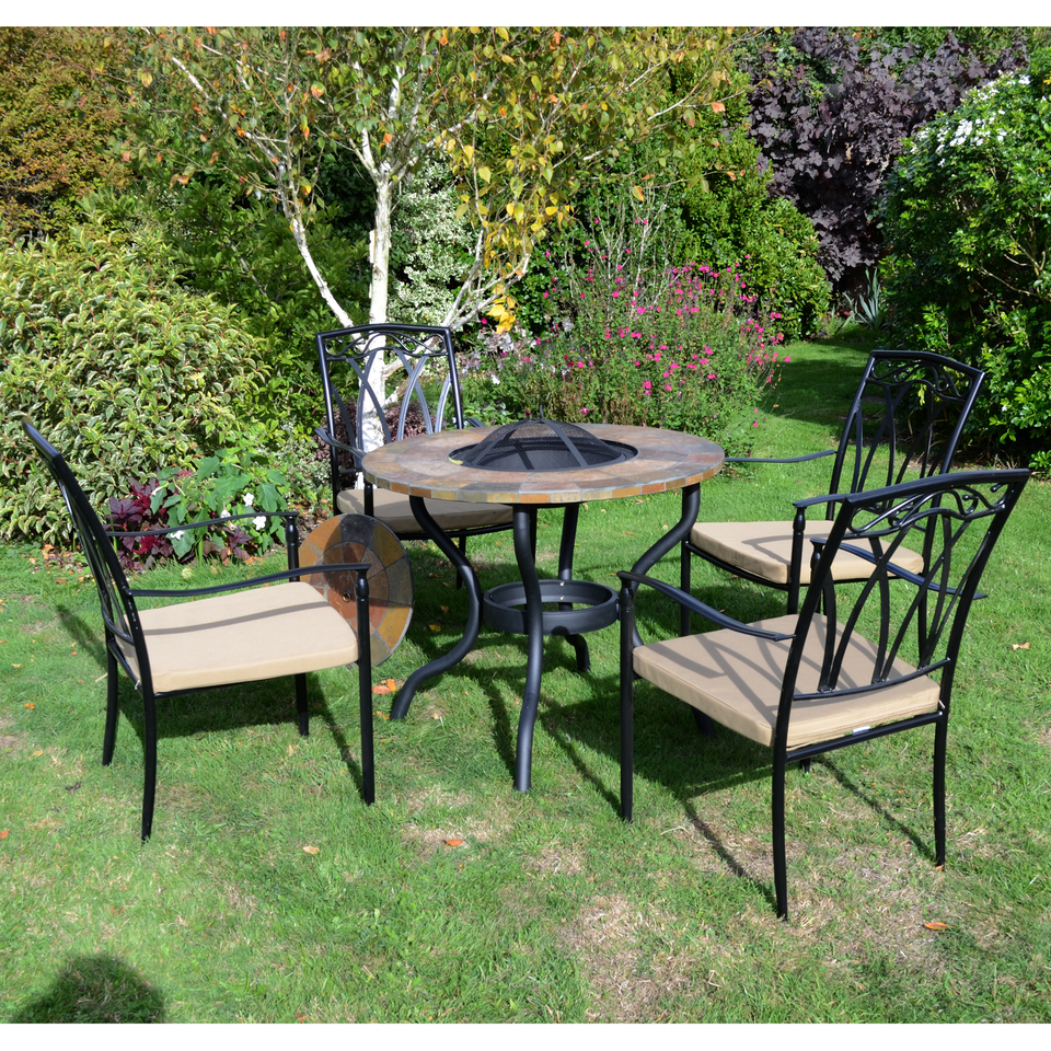 Byron Manor Bayfield Firepit Garden Patio Table with 4 Ascot Chairs Set