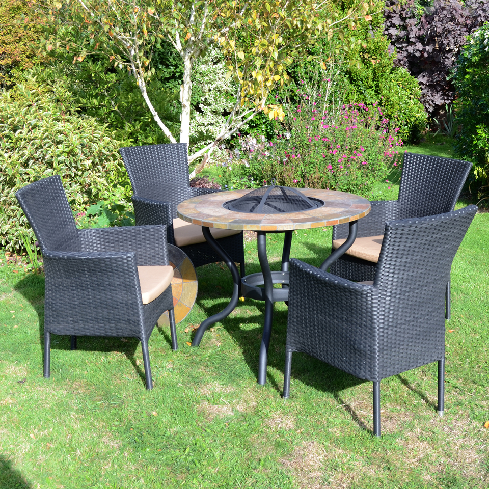 Byron Manor Bayfield Firepit Garden Patio Table with 4 Stockholm Black Chairs Set