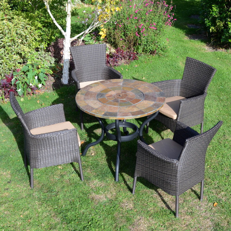 Byron Manor Bayfield Firepit Garden Patio Table with 4 Stockholm Brown Chairs Set