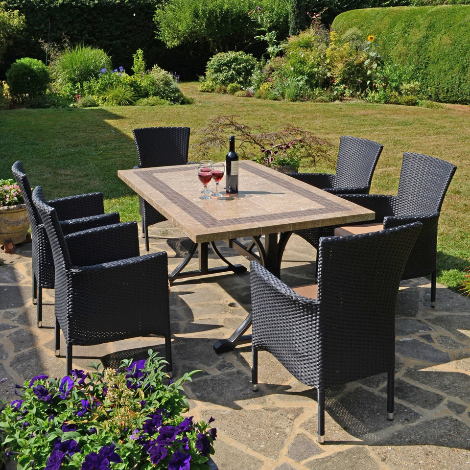 Byron Manor Charleston Stone Garden Dining Table with 6 Stockholm Black Wicker Chairs