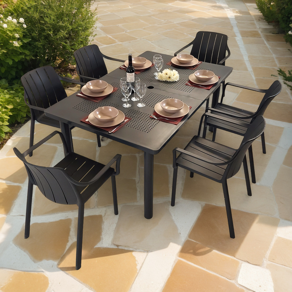 Nardi Libeccio Garden Dining Table With 6 Tiberina Armchair Set in Anthracite