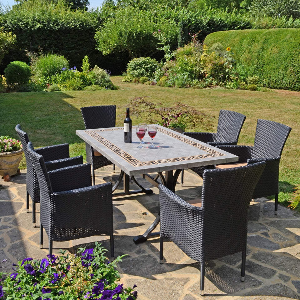 Byron Manor Burlington Stone Garden Dining Table with 6 Stockholm Black Wicker Chairs