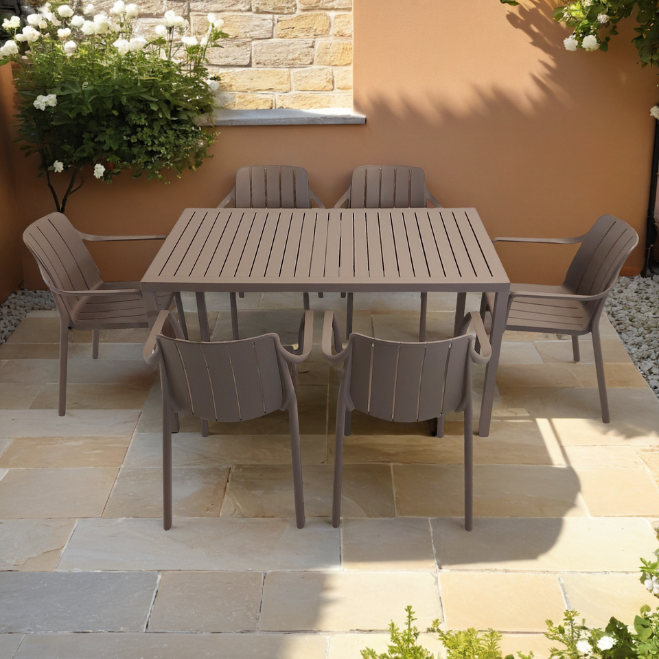 Nardi Cube Garden Dining Table With 6 Tiberina Armchair Set in Turtle Dove