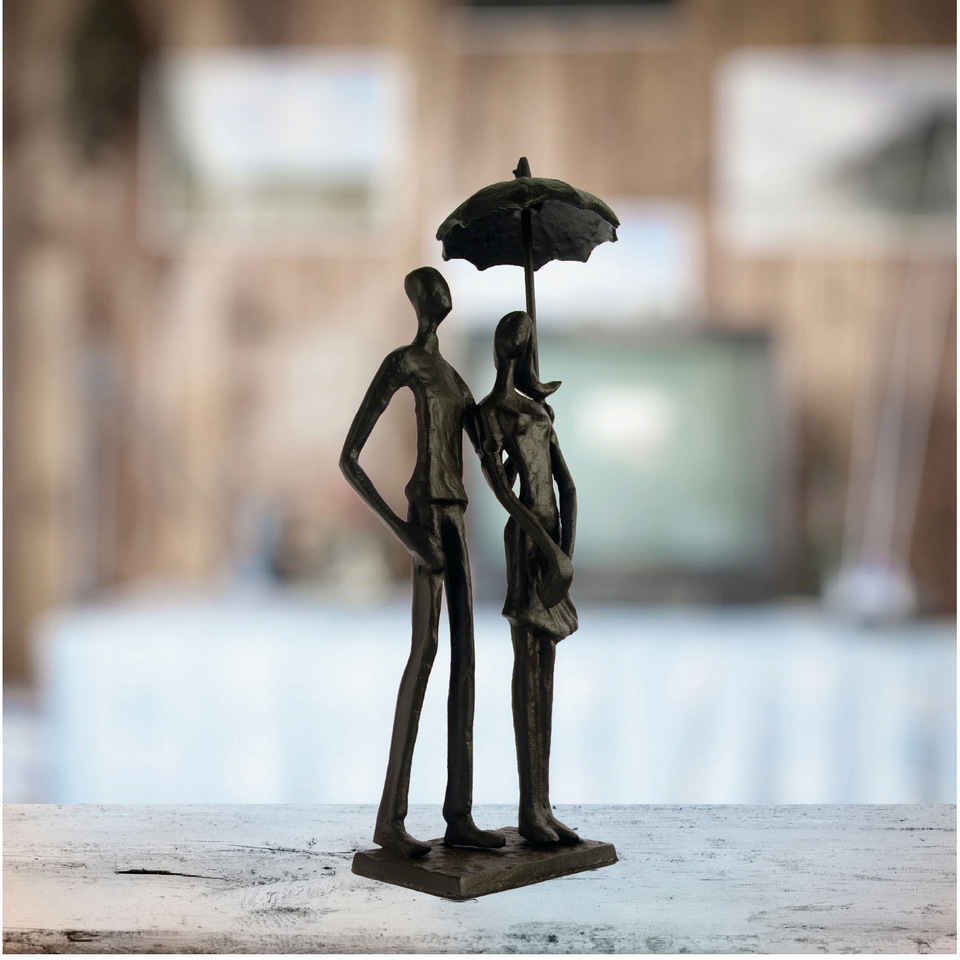 Elur Umbrella Couple Standing Iron Status Figurine 25cm in Mocha Brown