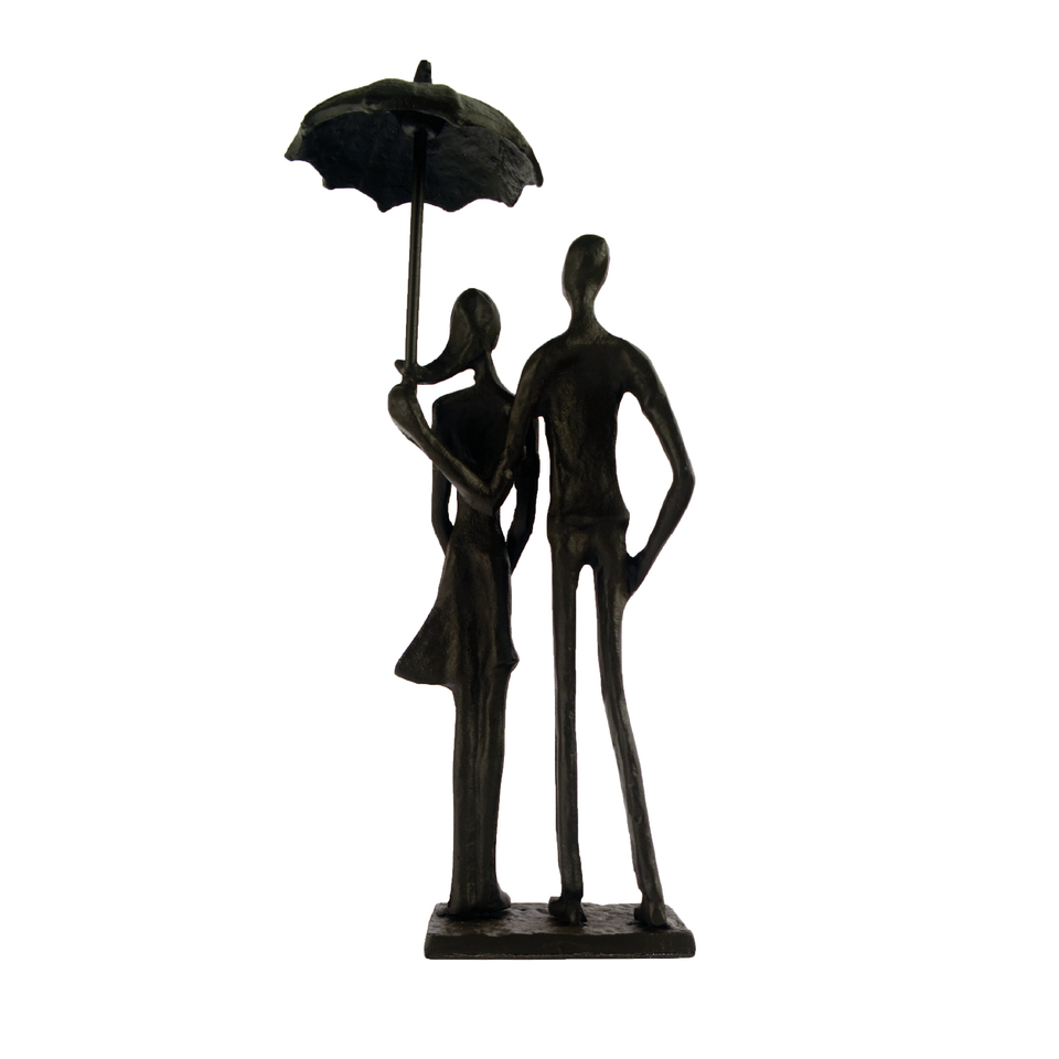 Elur Umbrella Couple Standing Iron Status Figurine 25cm in Mocha Brown