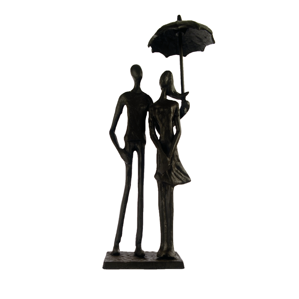 Elur Umbrella Couple Standing Iron Status Figurine 25cm in Mocha Brown