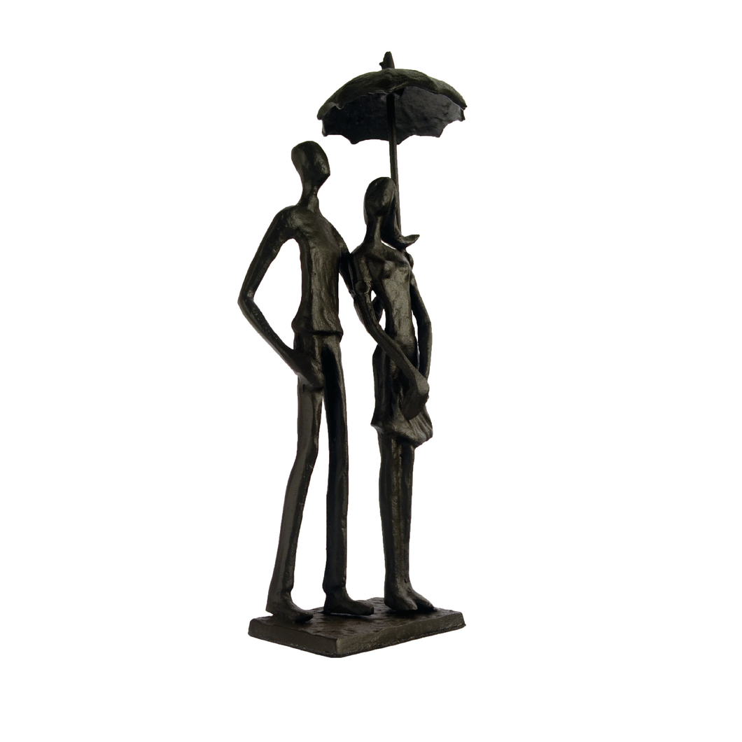 Elur Umbrella Couple Standing Iron Status Figurine 25cm in Mocha Brown