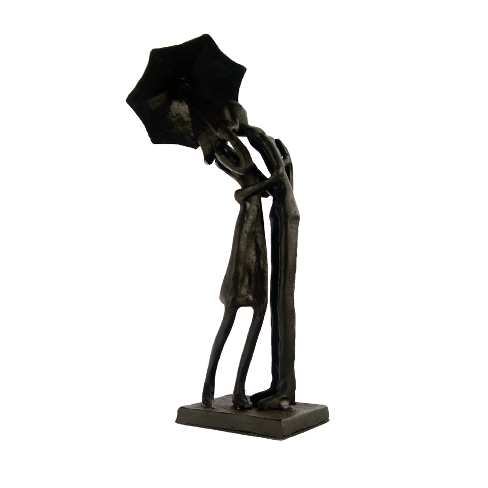 Elur Umbrella Couple Courting Iron Status Figurine 21cm in Mocha Brown