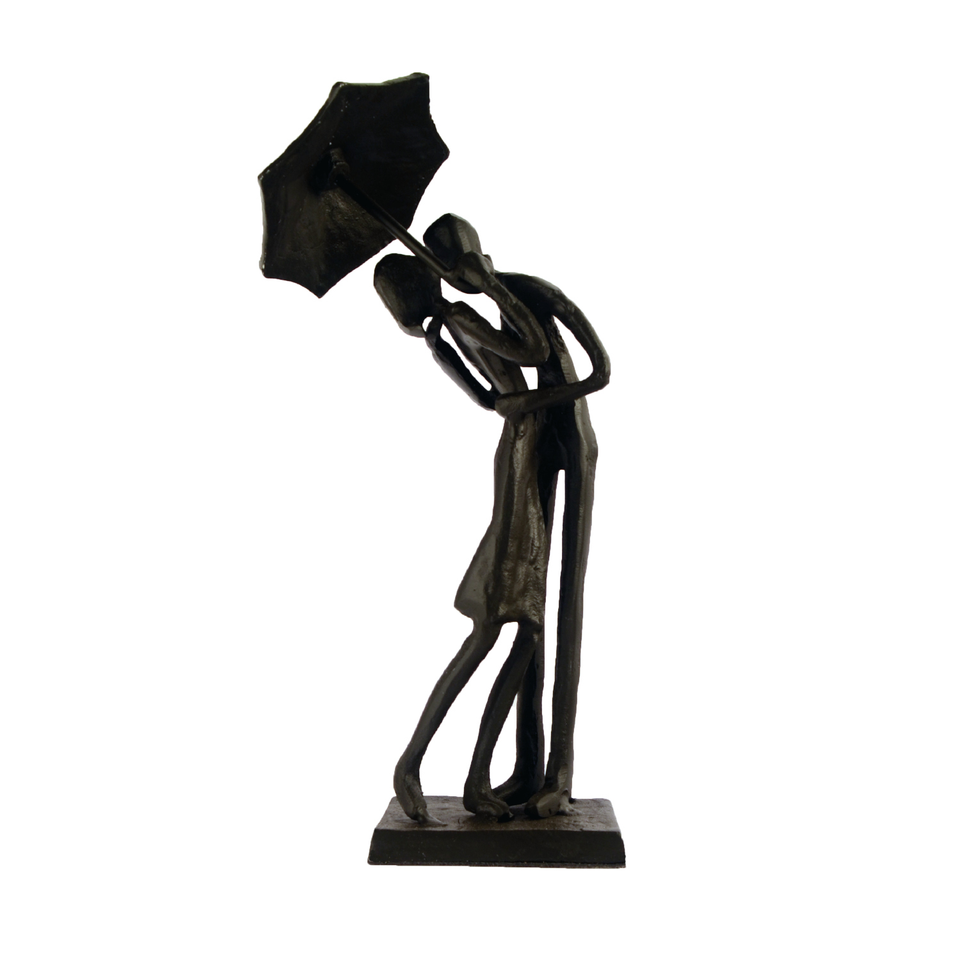 Elur Umbrella Couple Courting Iron Status Figurine 21cm in Mocha Brown