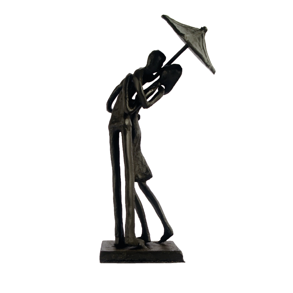 Elur Umbrella Couple Courting Iron Status Figurine 21cm in Mocha Brown