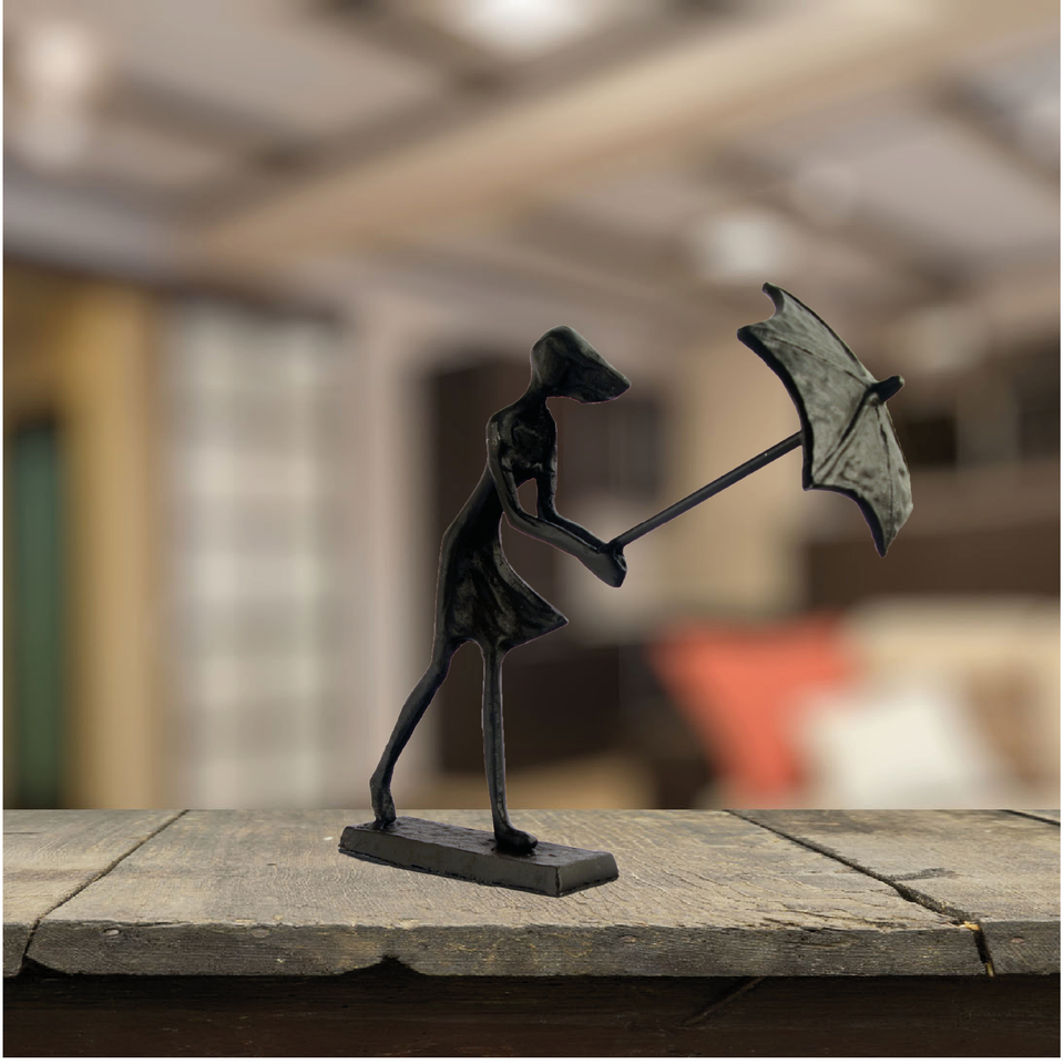 Elur Umbrella Girl In Wind Iron Status Figurine 15cm in Mocha Brown