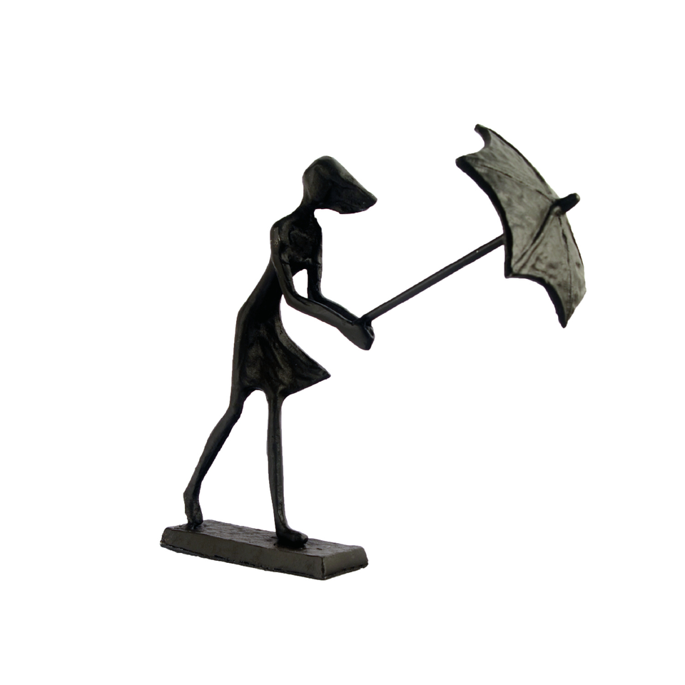 Elur Umbrella Girl In Wind Iron Status Figurine 15cm in Mocha Brown