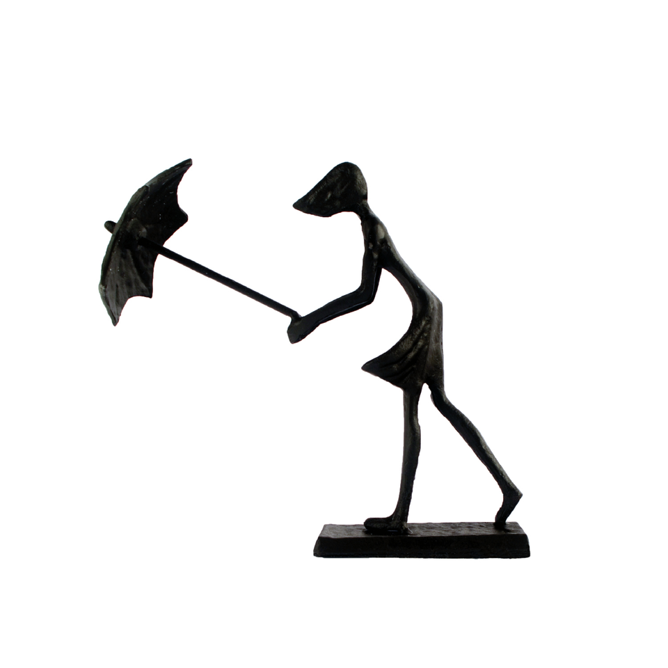 Elur Umbrella Girl In Wind Iron Status Figurine 15cm in Mocha Brown