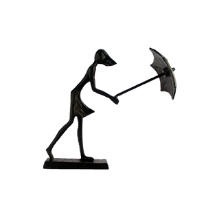 Elur Umbrella Girl In Wind Iron Status Figurine 15cm in Mocha Brown