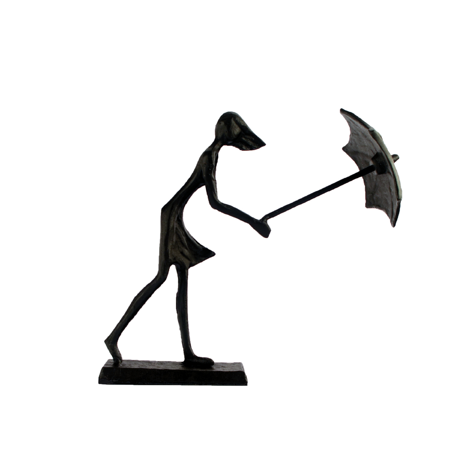 Elur Umbrella Girl In Wind Iron Status Figurine 15cm in Mocha Brown