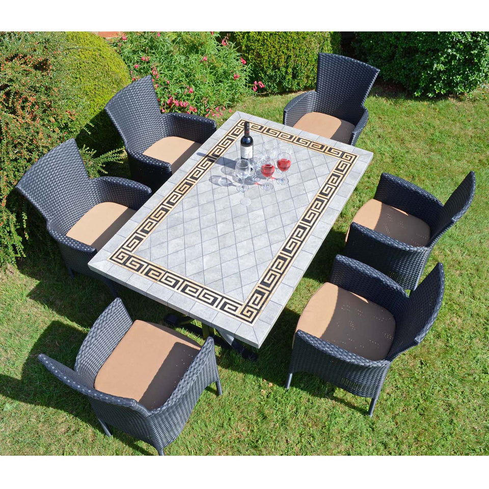 Byron Manor Burlington Stone Garden Dining Table with 6 Stockholm Black Wicker Chairs