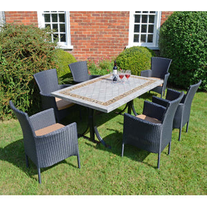 Byron Manor Burlington Stone Garden Dining Table with 6 Stockholm Black Wicker Chairs