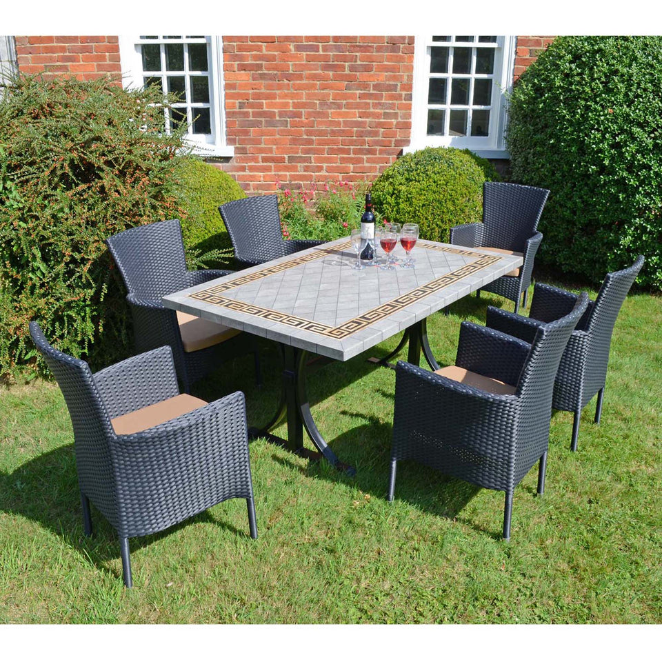 Byron Manor Burlington Stone Garden Dining Table with 6 Stockholm Black Wicker Chairs