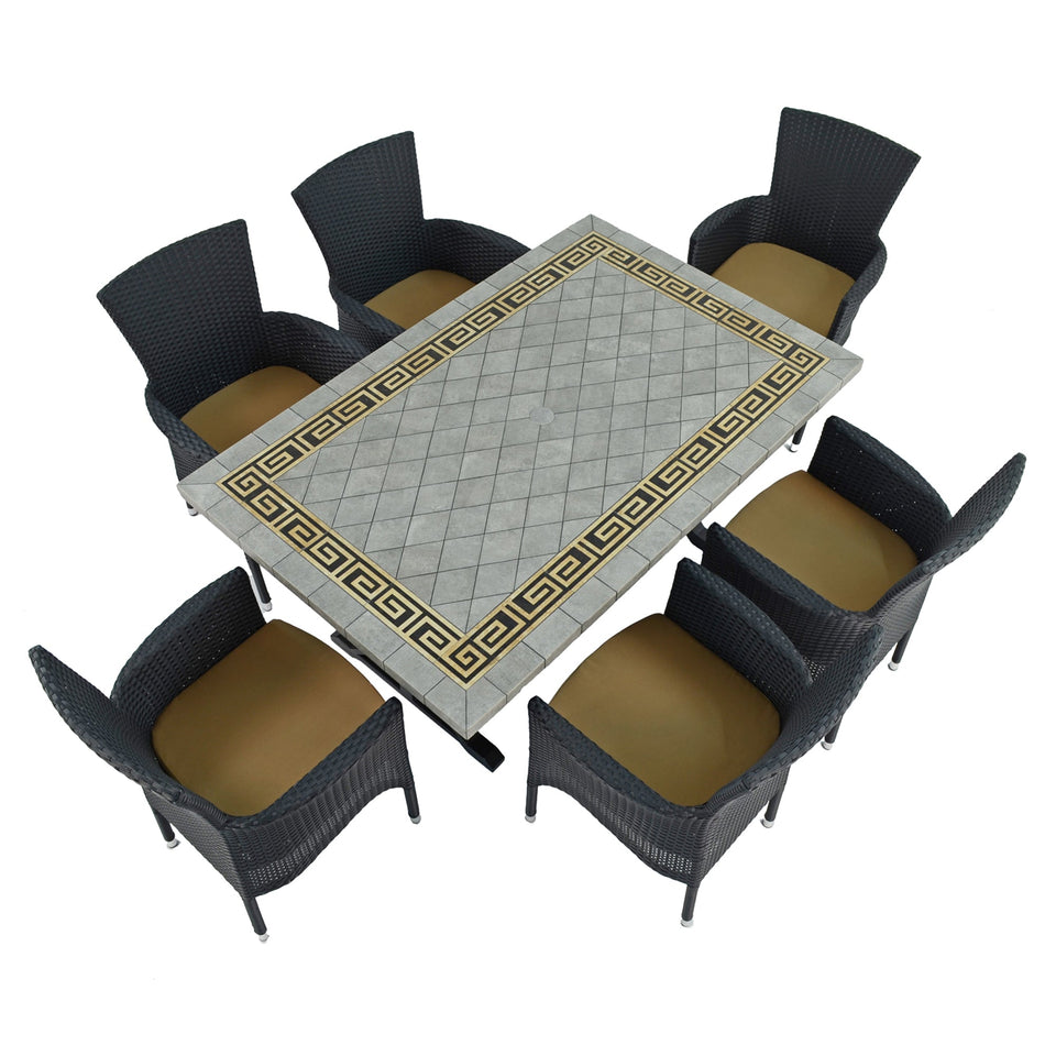 Byron Manor Burlington Stone Garden Dining Table with 6 Stockholm Black Wicker Chairs