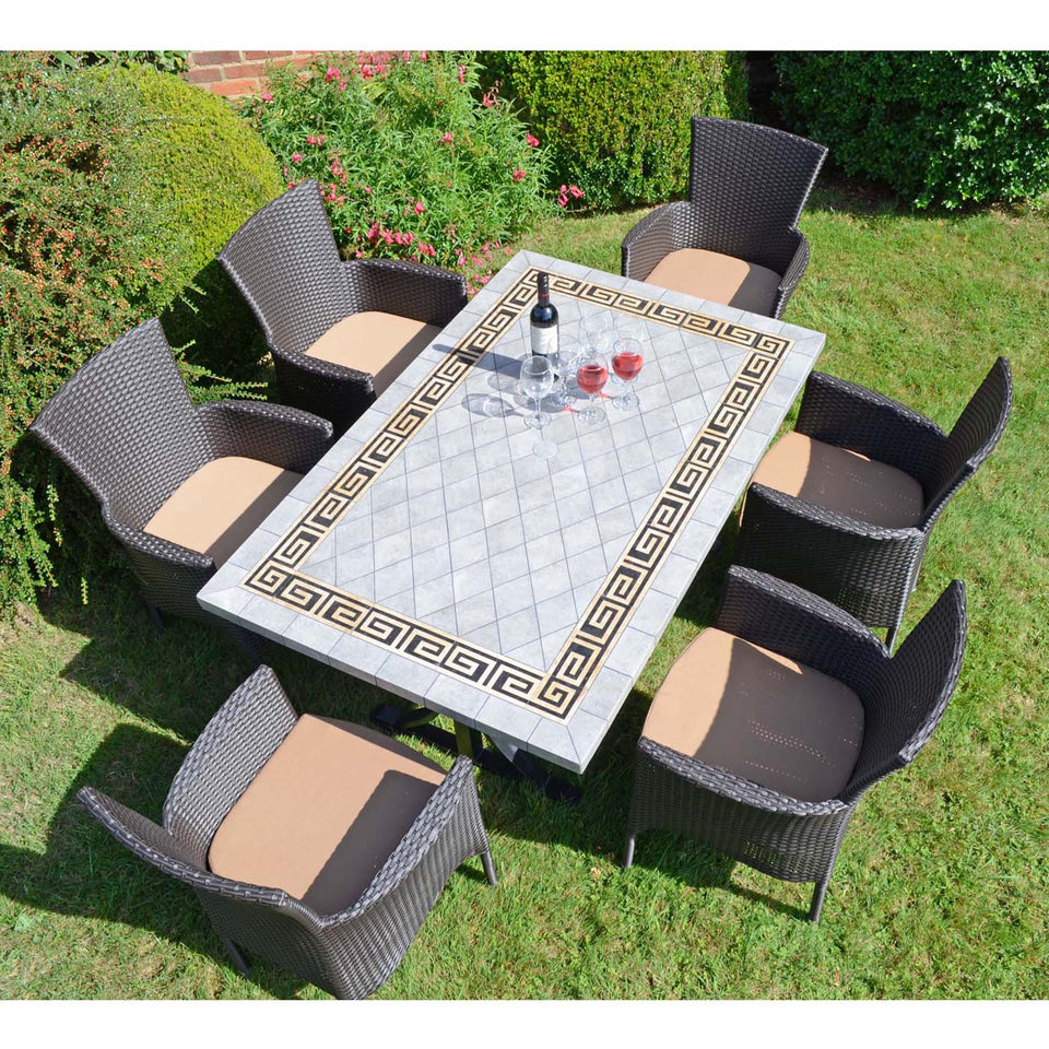 Byron Manor Burlington Stone Garden Dining Table with 6 Stockholm Wicker Brown Chairs