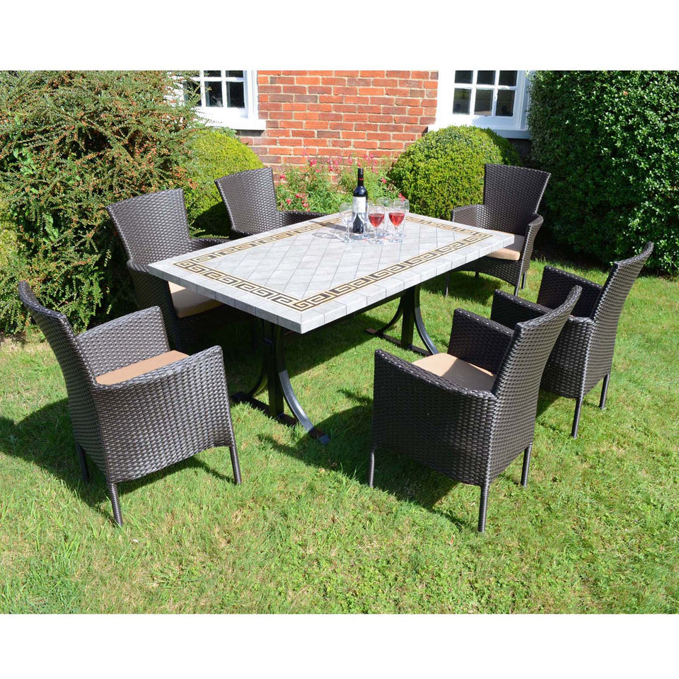Byron Manor Burlington Stone Garden Dining Table with 6 Stockholm Wicker Brown Chairs