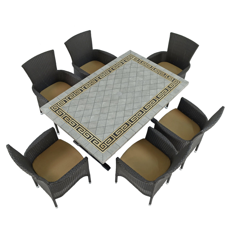 Byron Manor Burlington Stone Garden Dining Table with 6 Stockholm Wicker Brown Chairs