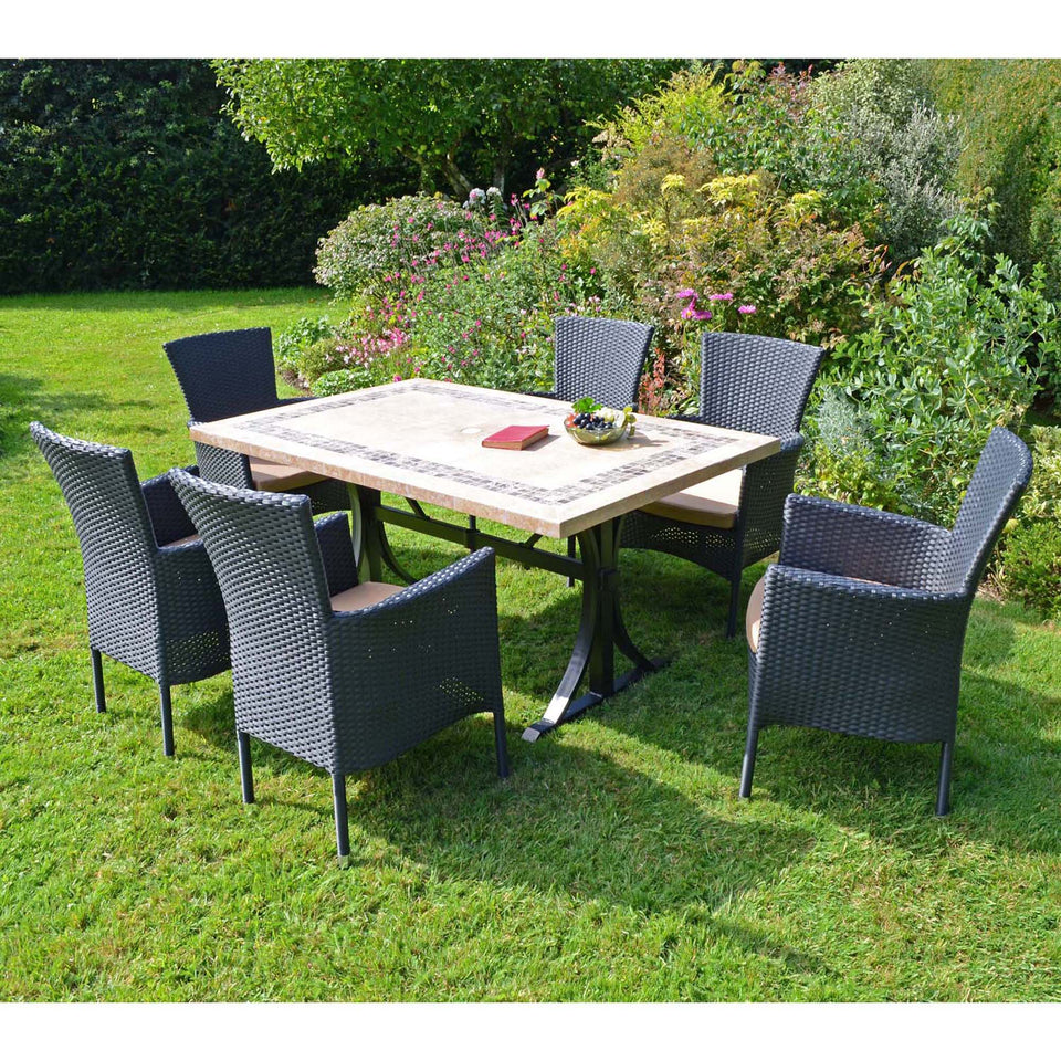 Byron Manor Charleston Stone Garden Dining Table with 6 Stockholm Black Wicker Chairs