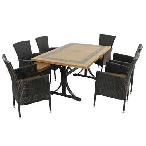 Byron Manor Charleston Stone Garden Dining Table with 6 Stockholm Wicker Brown Chairs