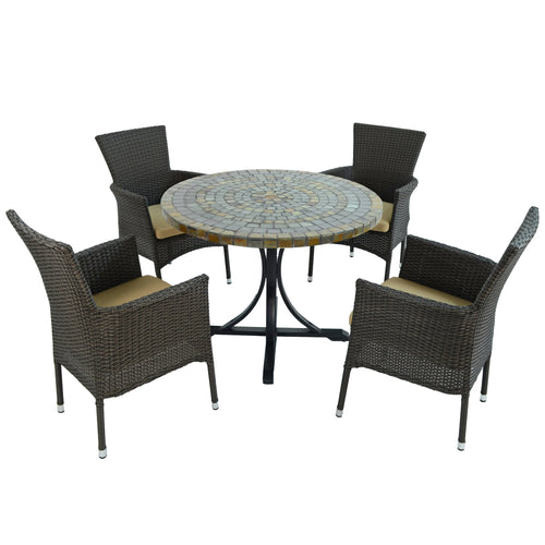 Byron Manor Monterey Stone Mosaic Garden Dining Table with 4 Stockholm Brown Wicker Chairs