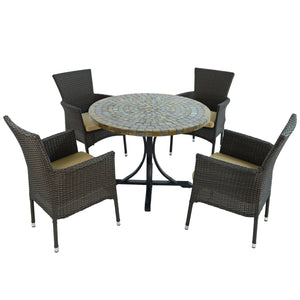 Byron Manor Monterey Stone Mosaic Garden Dining Table with 4 Stockholm Brown Wicker Chairs