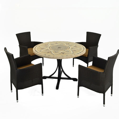 Byron Manor Montpellier Stone Mosaic Garden Dining Table with 4 Stockholm Black Wicker Chairs