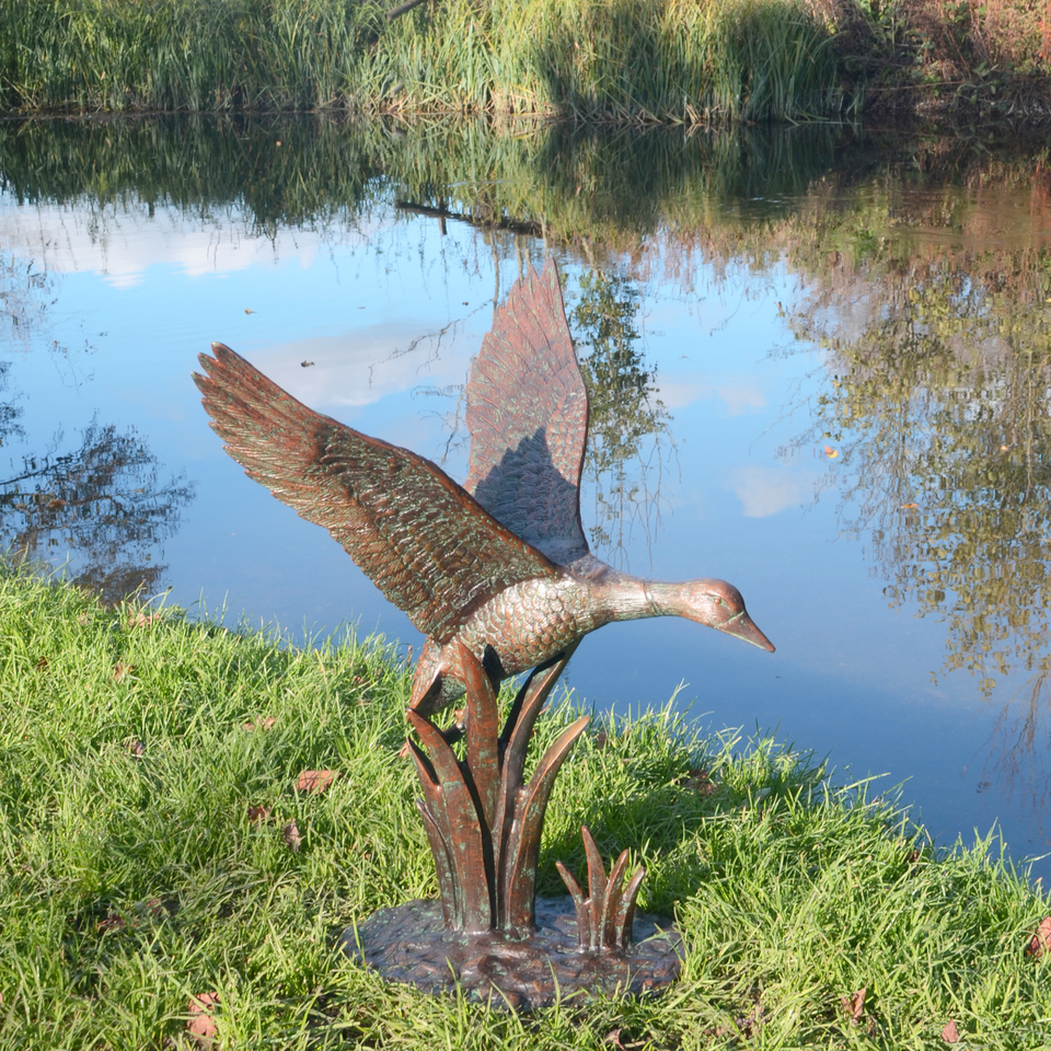 Solstice Sculptures Duck In Flight Aluminium Dark Verdigris