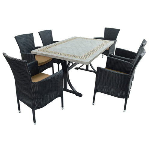 Byron Manor Burlington Stone Garden Dining Table with 6 Stockholm Black Wicker Chairs