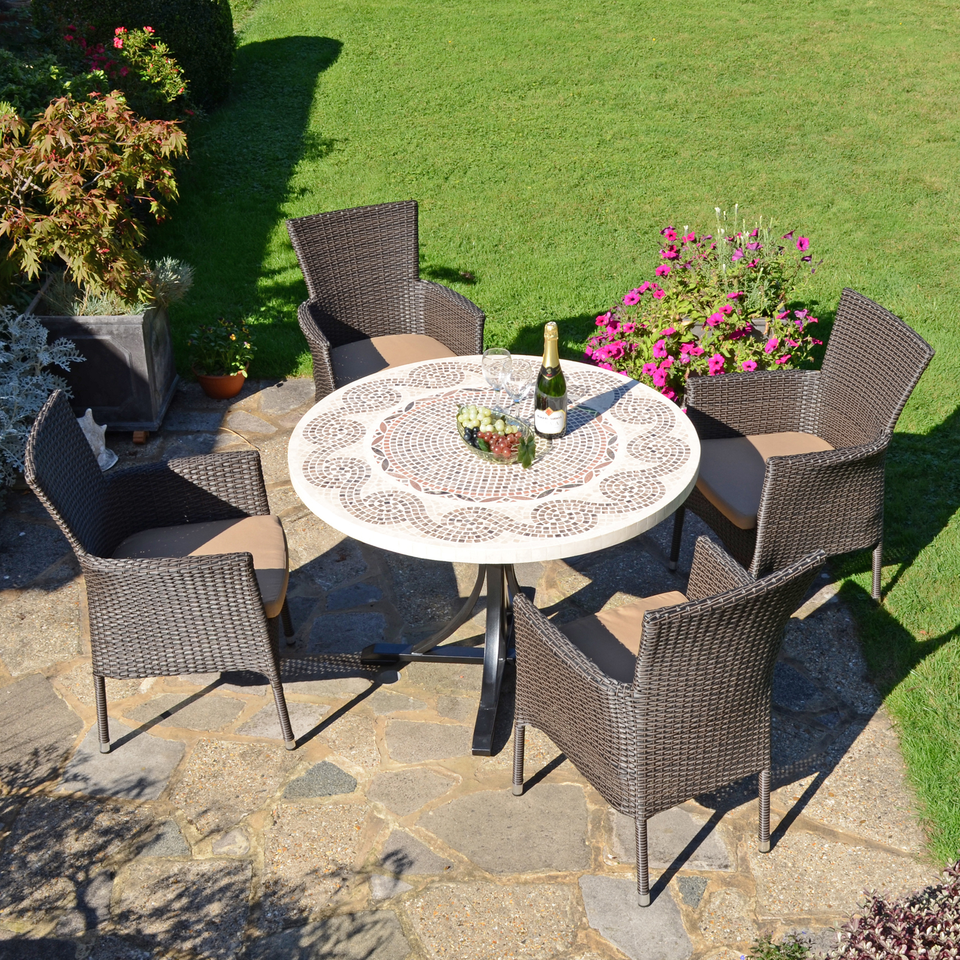 Byron Manor Avignon Mosaic Stone Garden Dining Table With 4 Stockholm Brown Chairs