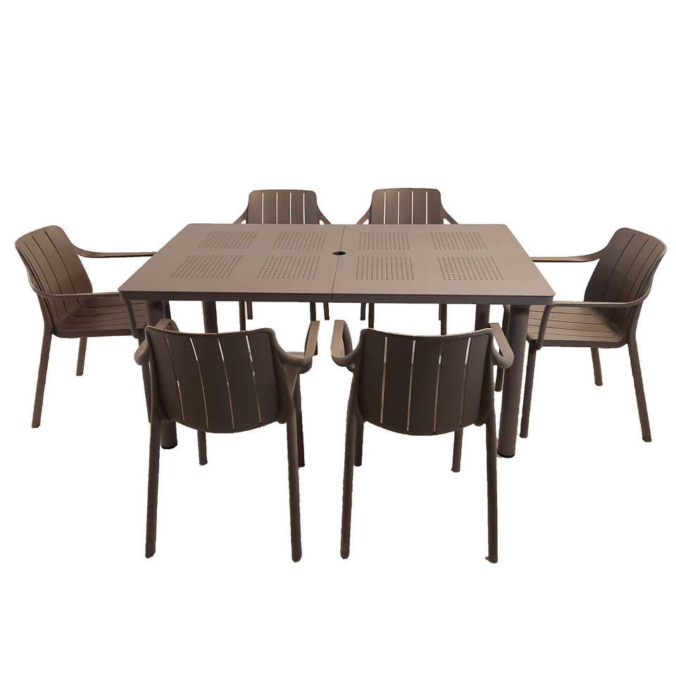 Nardi Libeccio Garden Dining  Table With 6 Tiberina Armchair Set in Turtle Dove