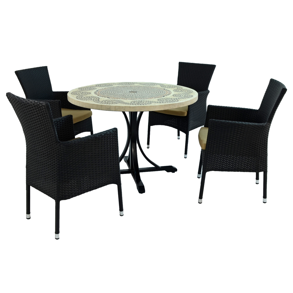 Byron Manor Avignon Mosaic Stone Garden Dining Table With 4 Stockholm Black Chairs