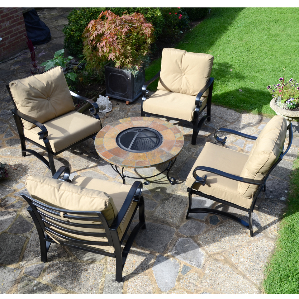 Byron Manor Bayfield Firepit Garden Coffee Table with 4 Windsor Deluxe Lounge Chair Set