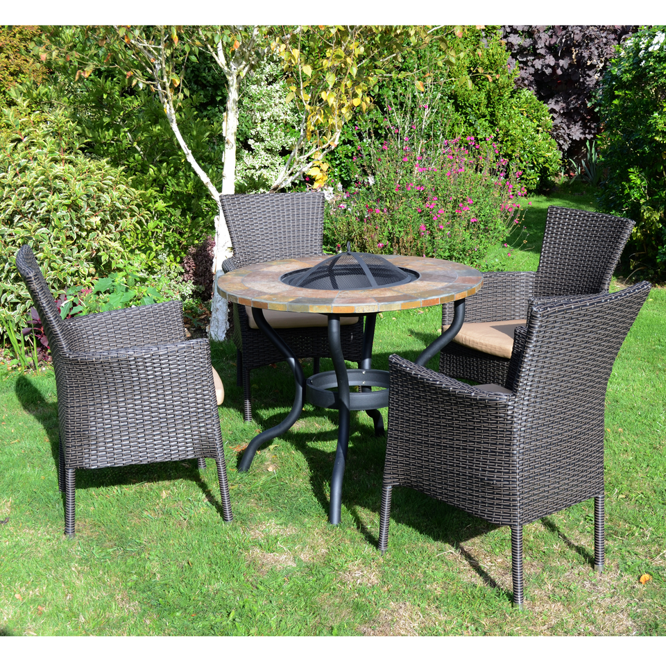 Byron Manor Bayfield Firepit Garden Patio Table with 4 Stockholm Brown Chairs Set
