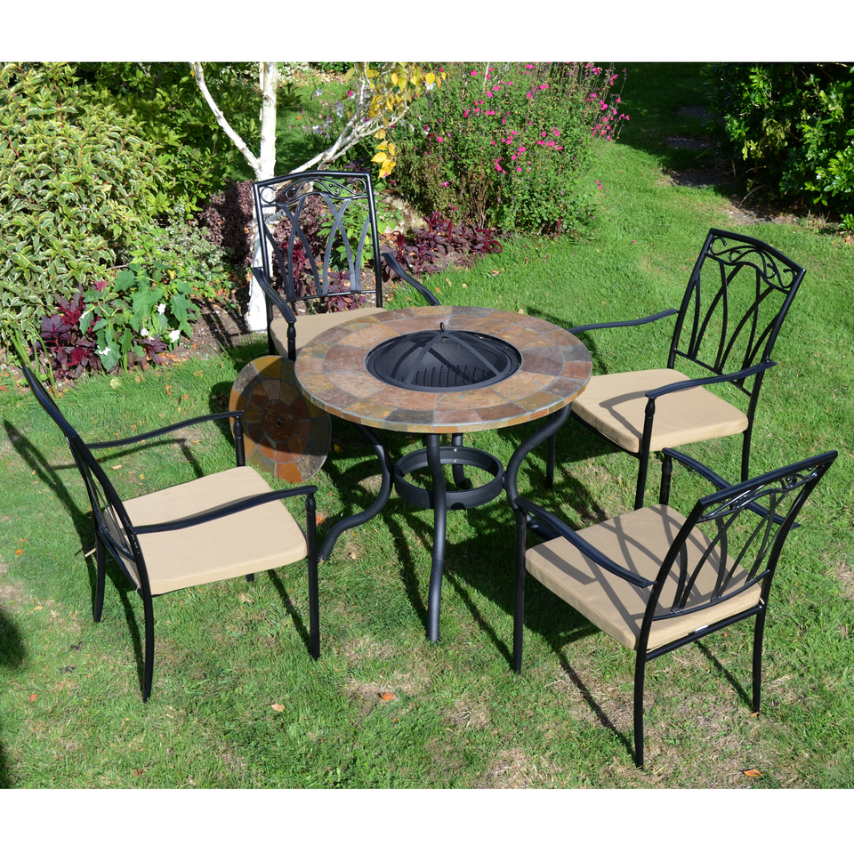 Byron Manor Bayfield Firepit Garden Patio Table with 4 Ascot Chairs Set