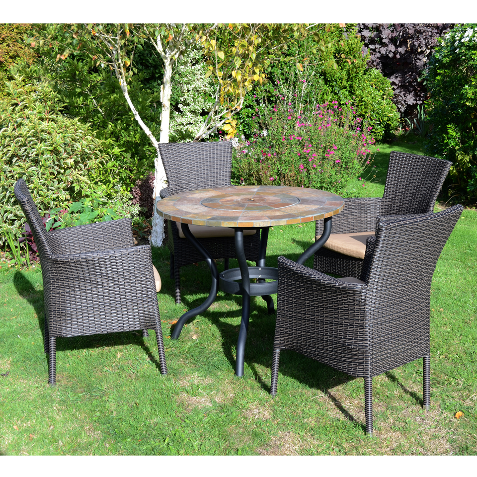 Byron Manor Bayfield Firepit Garden Patio Table with 4 Stockholm Brown Chairs Set